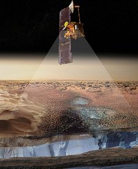 artist's concept of Mars Odyssey discovering a subsurface layer of ice on Mars.